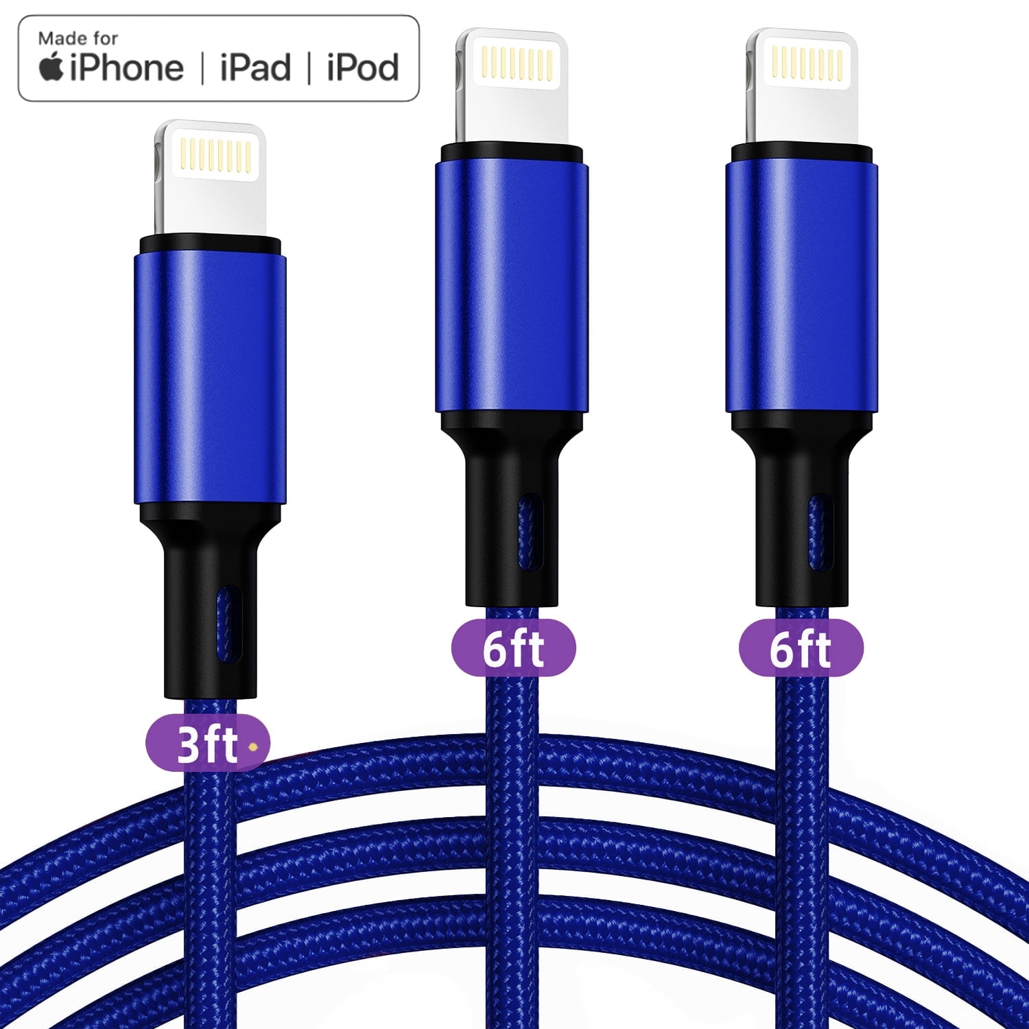 3Pack [Apple MFi Certified] Lightning Charger Cables (3/6/6ft), Lightning Cable Nylon Fast Charging Cord Compatible with iPhone 13/13 pro/12/11/11 Pro/X/Xs Max/XR/ iPad Air 2 /Mini Airpods(Blue)